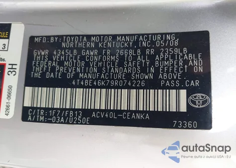 2009 Toyota Camry Le/Se/Xle z USA, uszkodzony, nr VIN 4T4BE46K79R074226